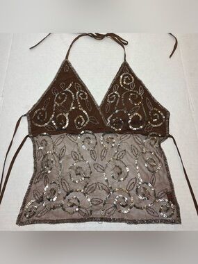 Vintage Lipstick Halter Top Y2K Backless Sequin Beaded Sheer Mesh Fairycore Boho